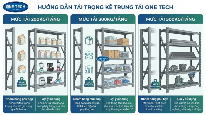 Chọn tải trọng kệ trung tải theo hàng hóa Bảng tham khảo tải trọng kệ trung tải cho từng loại hàng