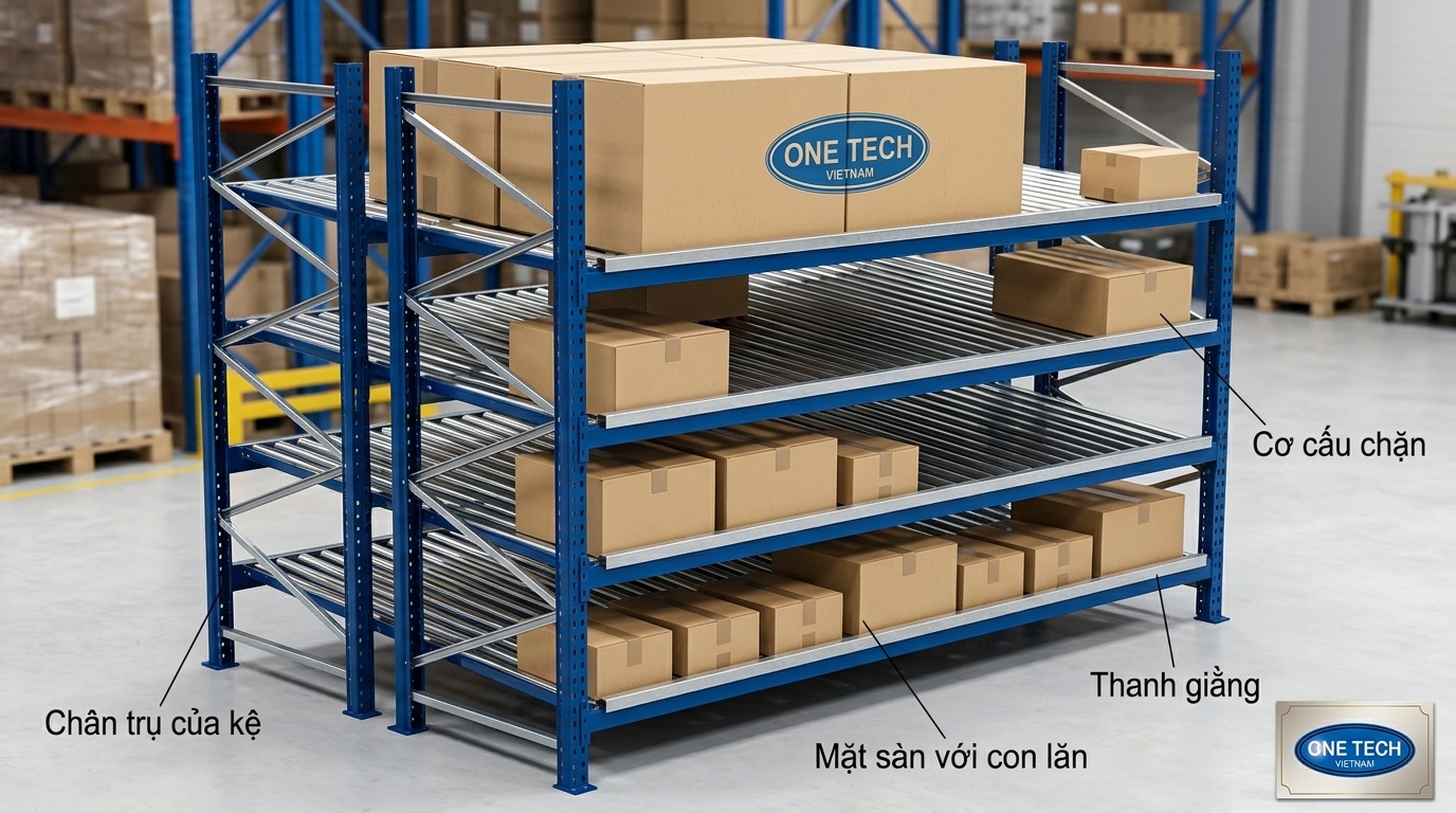 Cấu tạo kệ con lăn Flow racks gồm khung thép ray con lăn và thanh chặn