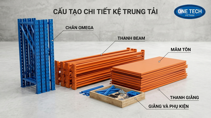 Cấu tạo kệ trung tải sắt cho kho hàng Cấu tạo kệ trung tải sắt gồm chân trụ thanh beam và mặt tầng