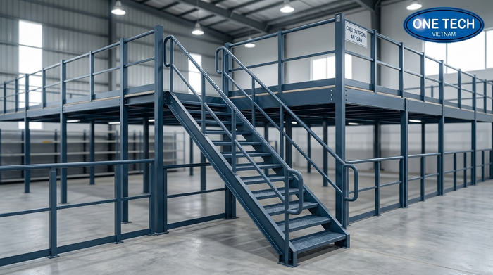 Cầu thang và lan can kệ sàn mezzanine