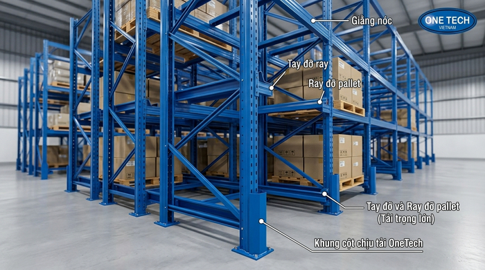 Cấu tạo khung cột kệ drive in chịu tải pallet trong kho hàng Cấu tạo khung cột kệ drive in chịu tải pallet trong kho hàng