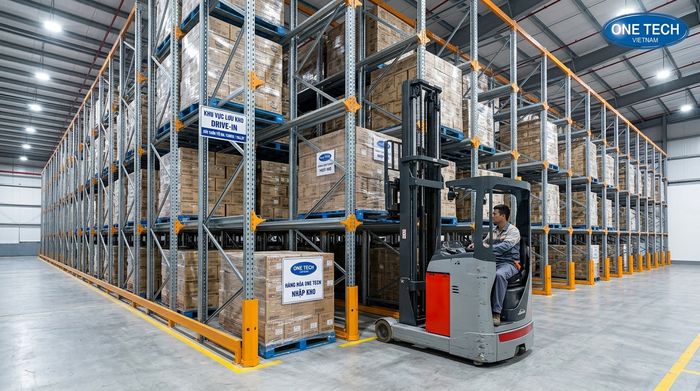 Xe nâng vận hành trong lối kệ drive in tại kho pallet Xe nâng vận hành trong lối kệ drive in tại kho pallet
