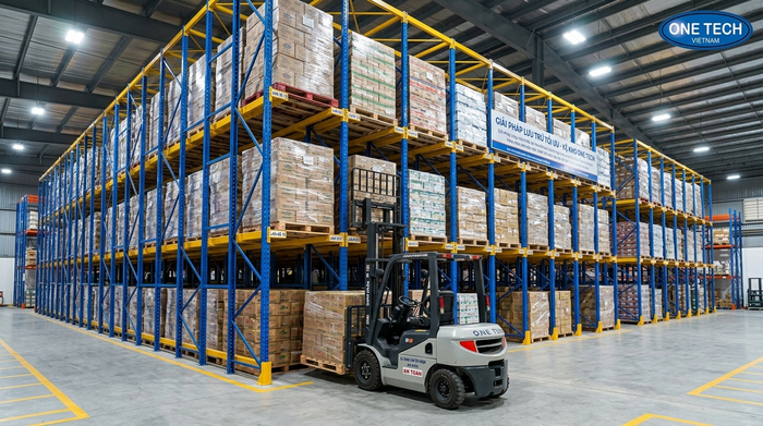 Mẫu kệ drive in nhiều tầng cho kho pallet tải nặng Mẫu kệ drive in nhiều tầng cho kho pallet tải nặng