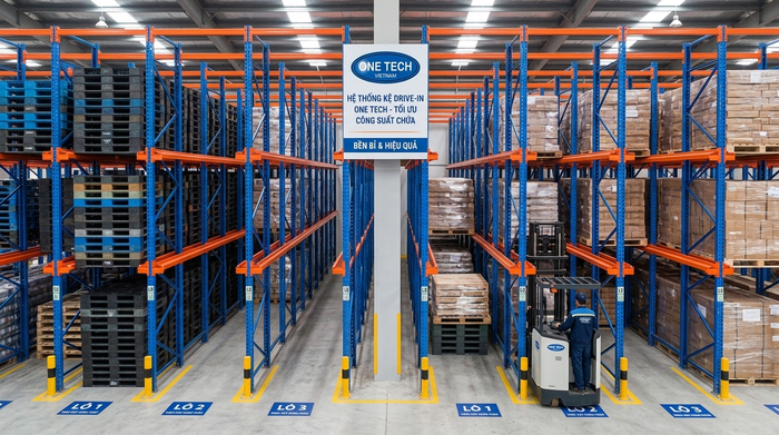 Hệ kệ drive in sơn màu xanh cam trong kho hàng pallet Hệ kệ drive in sơn màu xanh cam trong kho hàng pallet