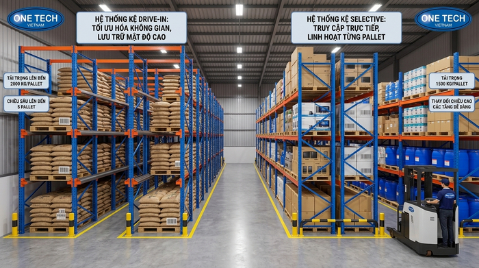 Kệ drive in và kệ Selective trong kho pallet công nghiệp Kệ drive in và kệ Selective trong kho pallet công nghiệp