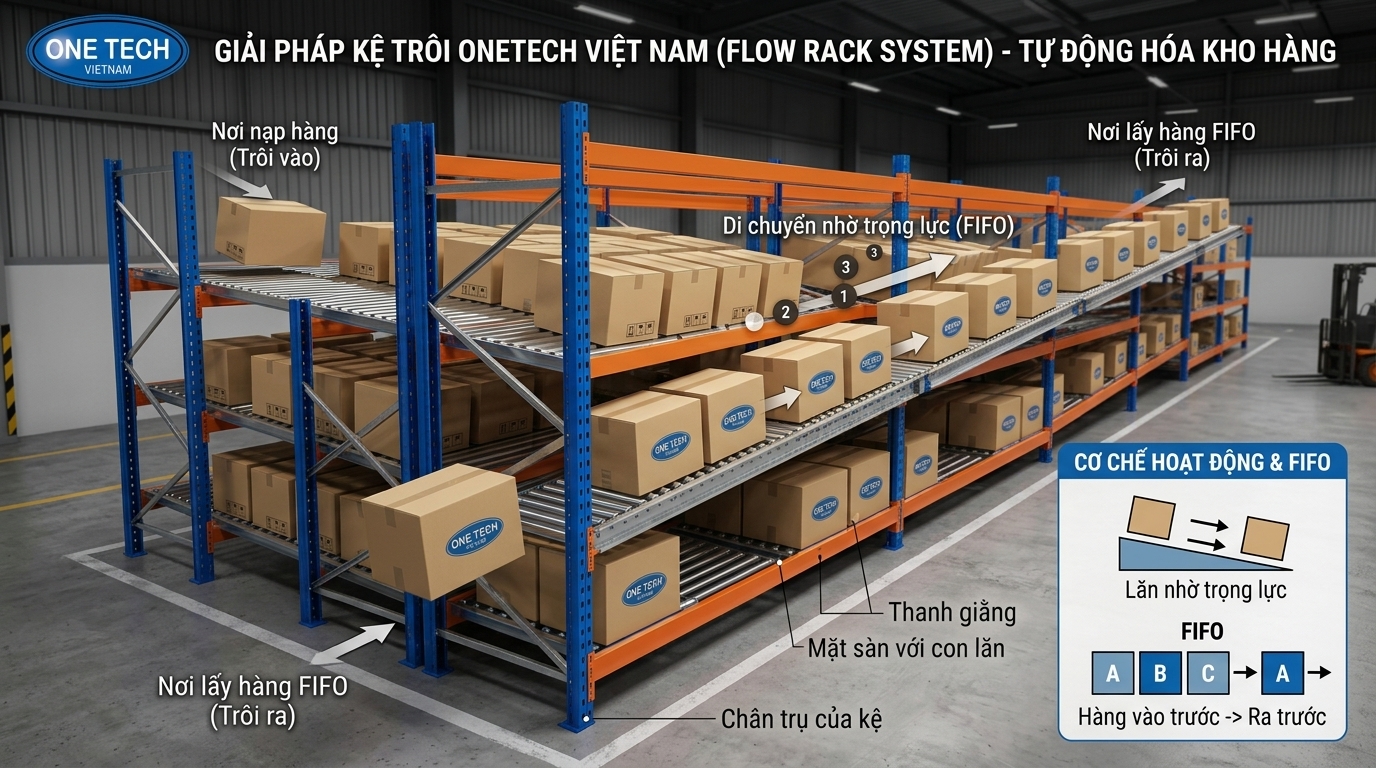 Cơ chế hoạt động của kệ Flow racks Ninh Bình với ray con lăn nghiêng