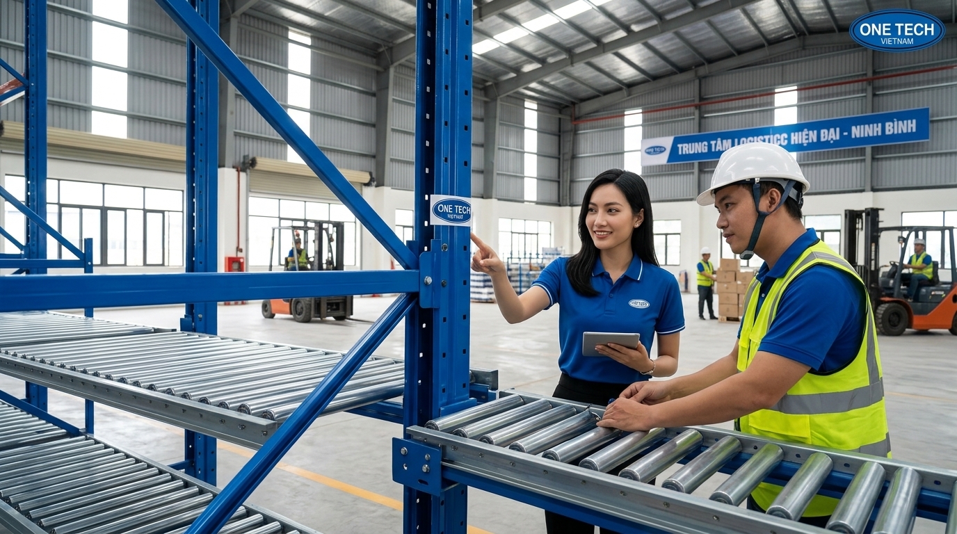 Lắp đặt kệ con lăn flowrack tại kho hàng Ninh Bình