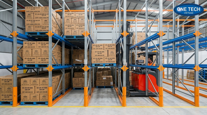 Ray đỡ pallet của kệ drive in giúp xe nâng đưa hàng vào sâu bên trong Ray đỡ pallet của kệ drive in giúp xe nâng đưa hàng vào sâu bên trong