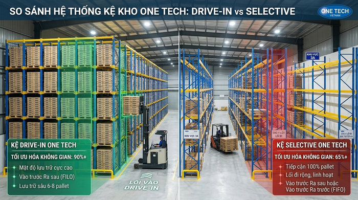 So sánh kệ drive in và kệ kho truyền thống về khả năng tối ưu diện tích So sánh kệ drive in và kệ kho truyền thống về khả năng tối ưu diện tích