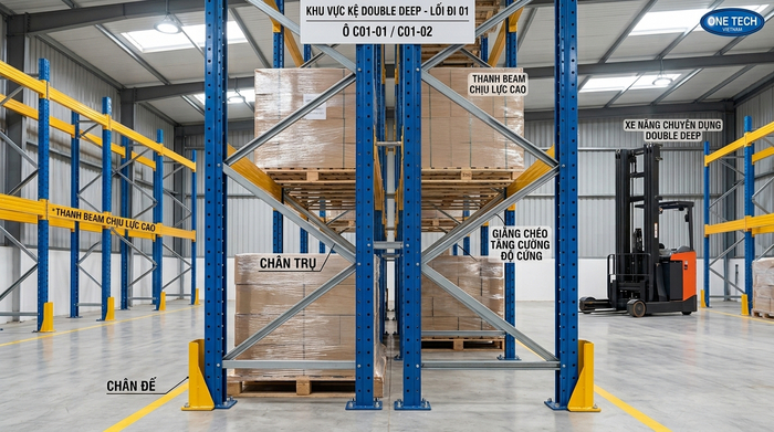 Cấu tạo kệ kho công nghiệp double deep tại Ninh Bình Cấu tạo kệ kho công nghiệp double deep gồm chân trụ thanh beam và giằng