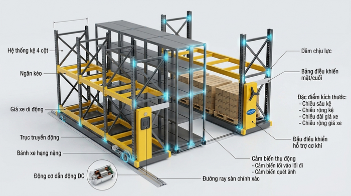 Cấu tạo kệ kho di động có ray dẫn động Cấu tạo hệ thống kệ di động có ray dẫn động cho kho hàng