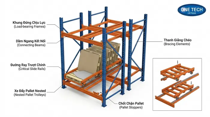 Cấu tạo kệ push back Ninh Bình Cấu tạo hệ thống kệ push back Ninh Bình gồm khung beam ray trượt và xe trượt
