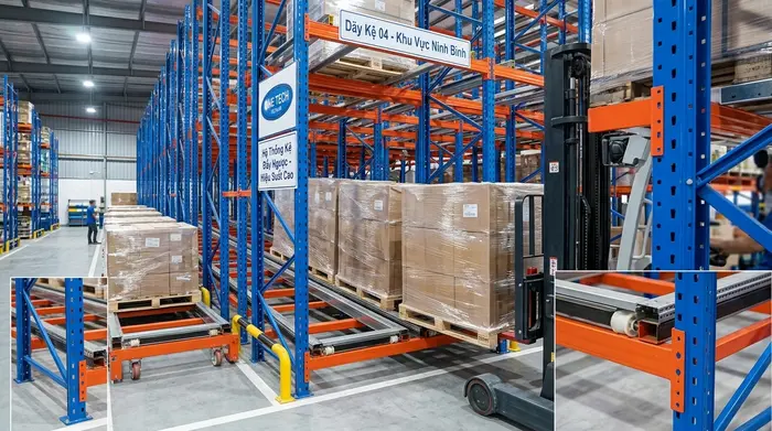 Cơ chế hoạt động kệ push back Ninh Bình Cơ chế đẩy lùi của kệ push back Ninh Bình trong kho pallet