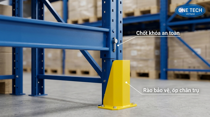 Phụ kiện an toàn cho Kệ Double Deep Ninh Bình Phụ kiện an toàn cho Kệ Double Deep Ninh Bình gồm chốt khóa và bảo vệ chân trụ