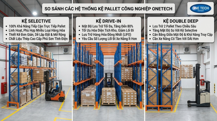 So sánh các dòng kệ pallet phổ biến tại Ninh Bình So sánh kệ Selective Drive In và Double Deep cho kho pallet
