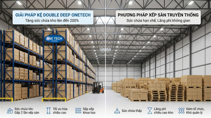Kệ Double Deep Ninh Bình giúp kho gọn hơn so với xếp hàng dưới sàn So sánh kho dùng kệ Double Deep và kho xếp hàng dưới sàn