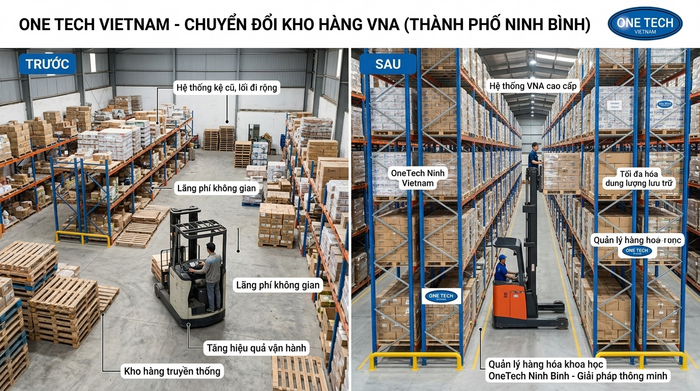 So sánh kho trước và sau khi lắp kệ narrow aisle Ninh Bình