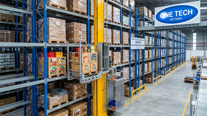 Cẩu xếp kệ kho cho hàng đặc sản tại Ninh Bình Stacker-Crane xếp pallet hàng đặc sản và hàng lưu niệm