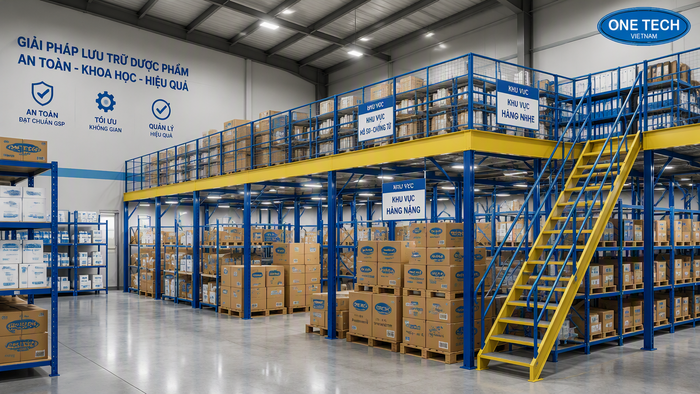 Kệ sàn lửng Mezzanine cho kho dược phẩm có trần cao