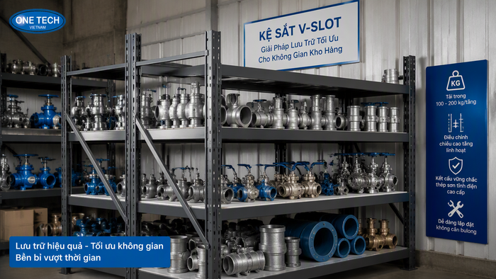 Kệ sắt V lỗ lưu trữ phụ kiện ống thép Kệ sắt V lỗ để phụ kiện ống thép tại Ninh Bình