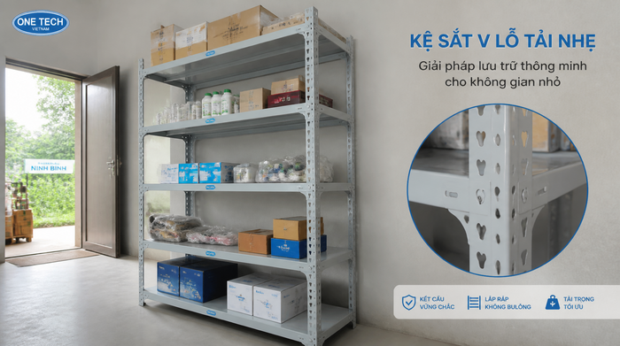 Kệ sắt V lỗ tải nhẹ Ninh Bình Kệ sắt V lỗ tải nhẹ cho kho nhỏ tại Ninh Bình