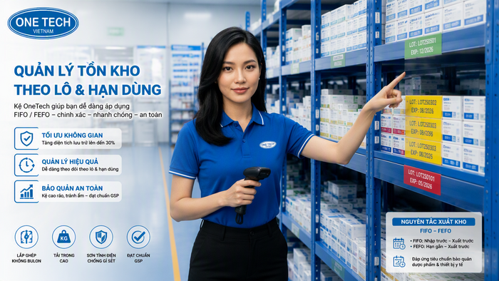 Sắp xếp thuốc theo lô và hạn dùng trên kệ kho dược phẩm