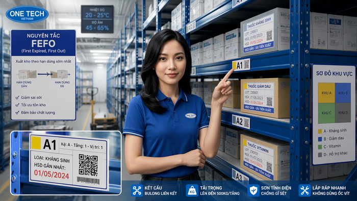 Tem nhãn vị trí trên kệ kho dược phẩm giúp kiểm kê nhanh