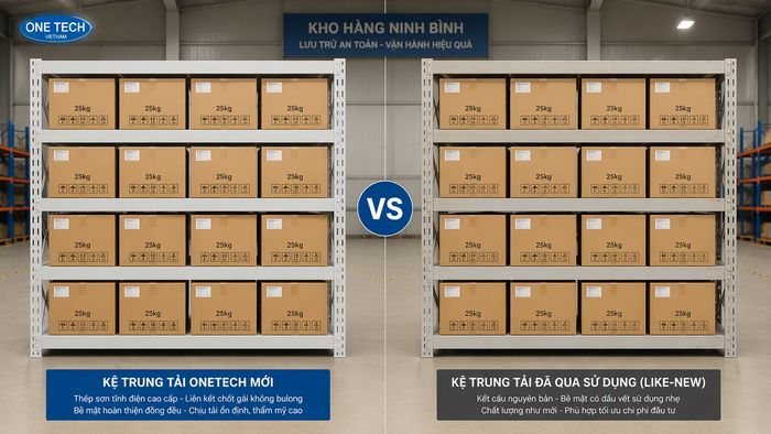 So sánh kệ trung tải mới và kệ thanh lý cũ như mới tại Ninh Bình